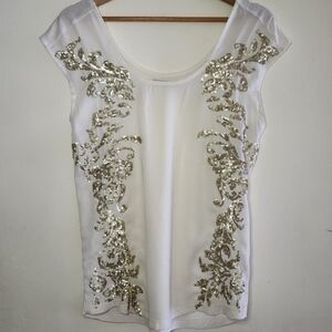 Hinge Ivory Gold Sequined Embellished Cap Sleeved Top Size X-Small